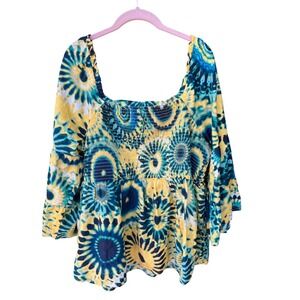 Womens Plus Size 1X Tie Dye Smocked Square Neck Hippie Top Yellow Blue‎ Festival
